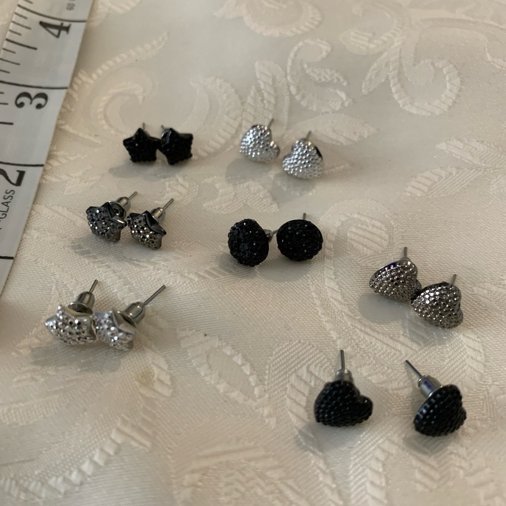 Black and Silver and grey circles, stars a Heart Stud Earrings Set of 7